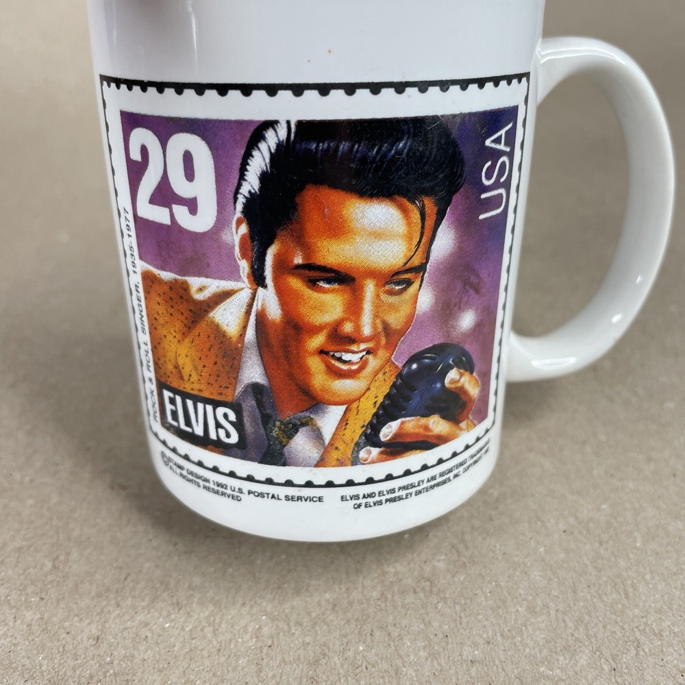 Vtg‎ Elvis Presley 1992 Postage Stamp Design Mug White Rock & Roll USA - Picture 2 of 10